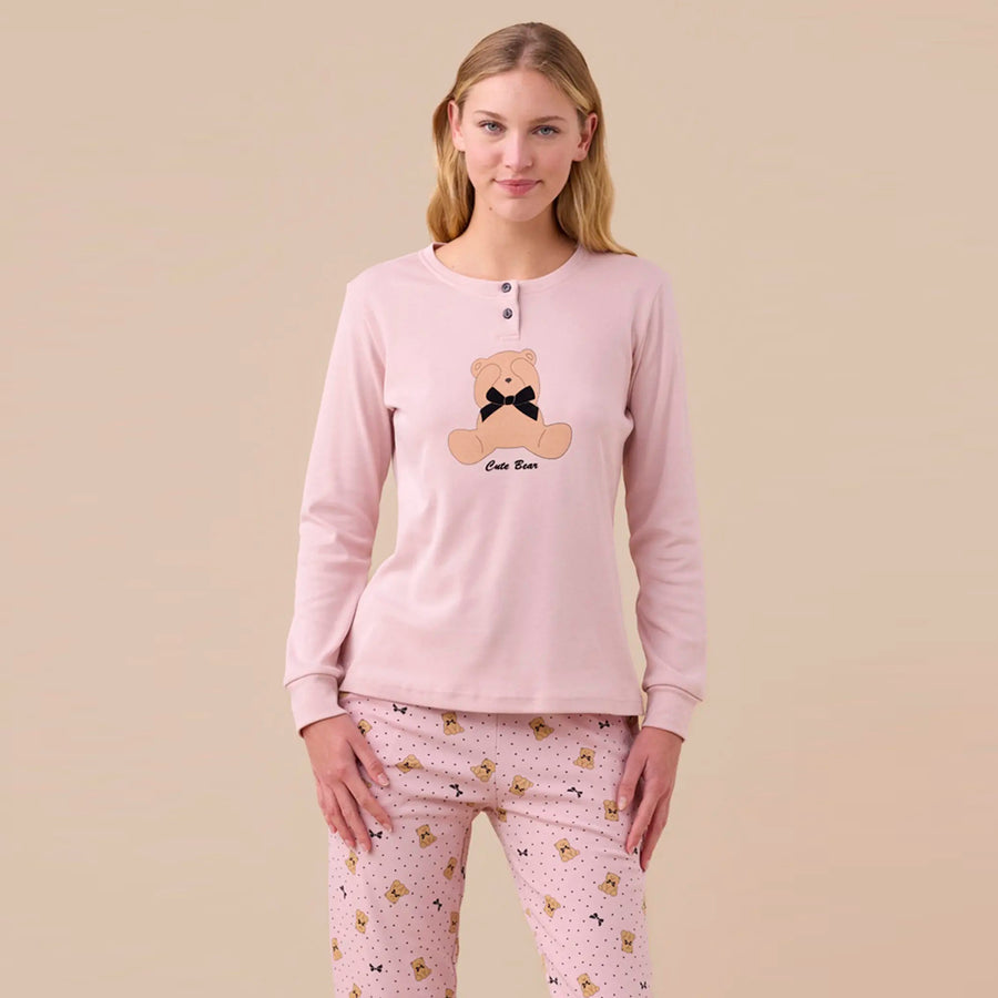 FA9251 - Pigiama donna in caldo cotone con stampa orsi e fiocchi