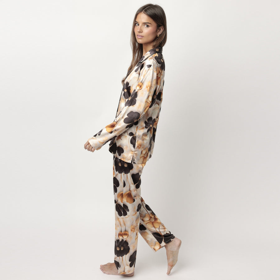 63606-0 - Pigiama in raso aperto avanti stile camicia fantasia floreale