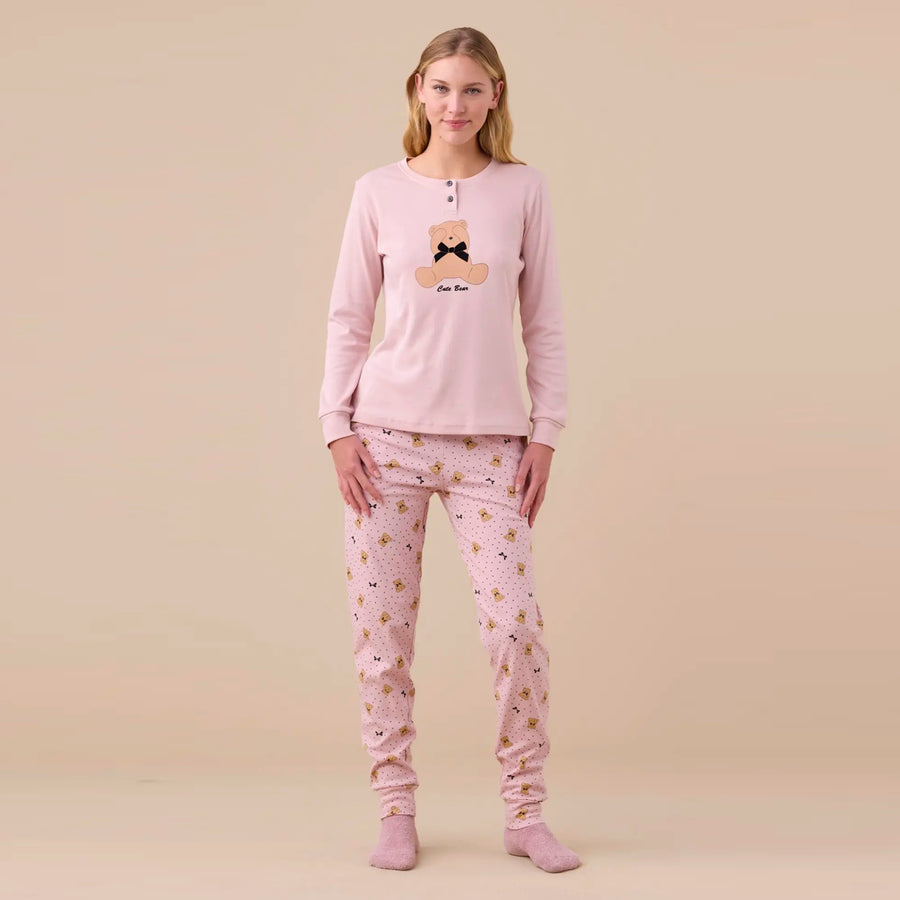 FA9251 - Pigiama donna in caldo cotone con stampa orsi e fiocchi