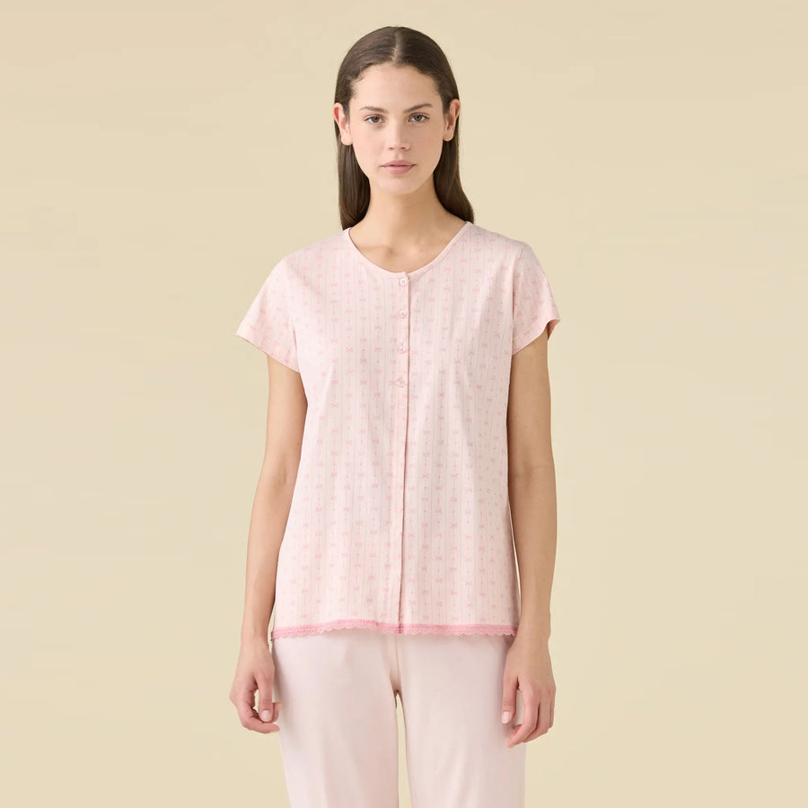 FA9519AB - Pigiama donna manica corta aperto sul davanti e pizzo sul fondo