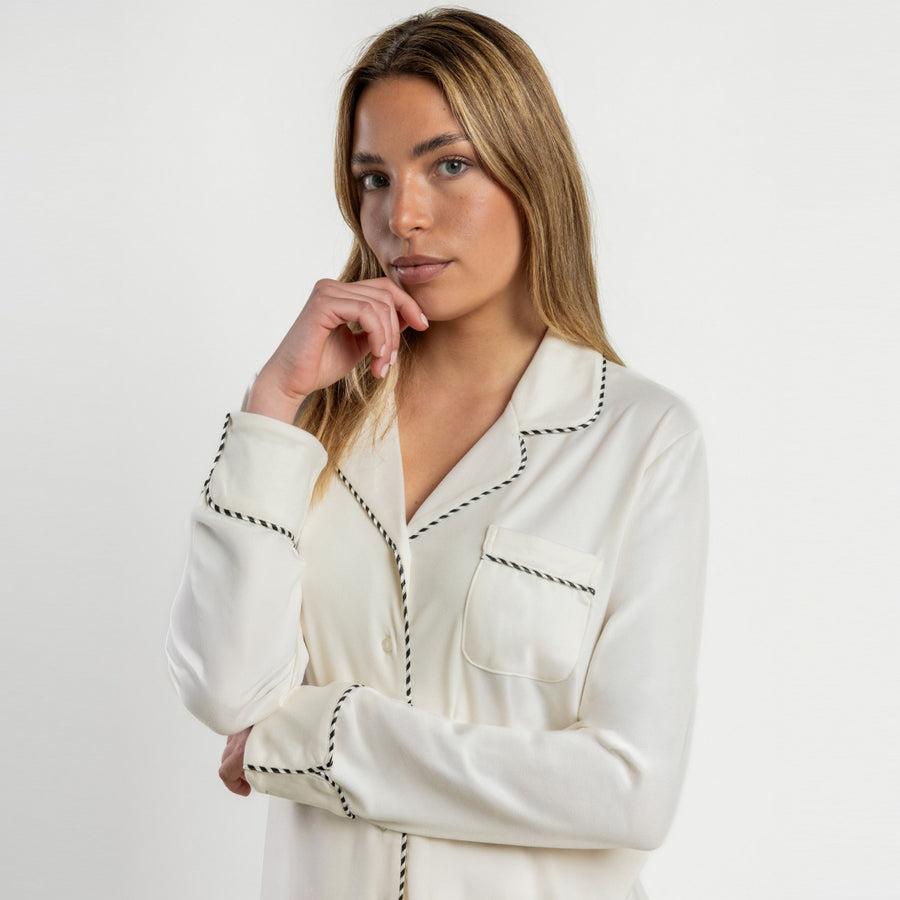 64594-0 - Pigiama aperto in morbida maglia colletto a revers e pantaloni lunghi