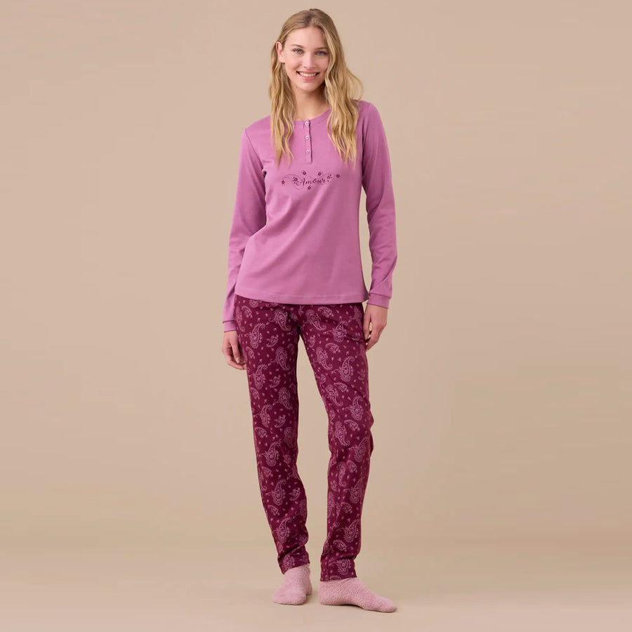 FA9266 - Pigiama donna caldo cotone fantasia cachemire con polsini