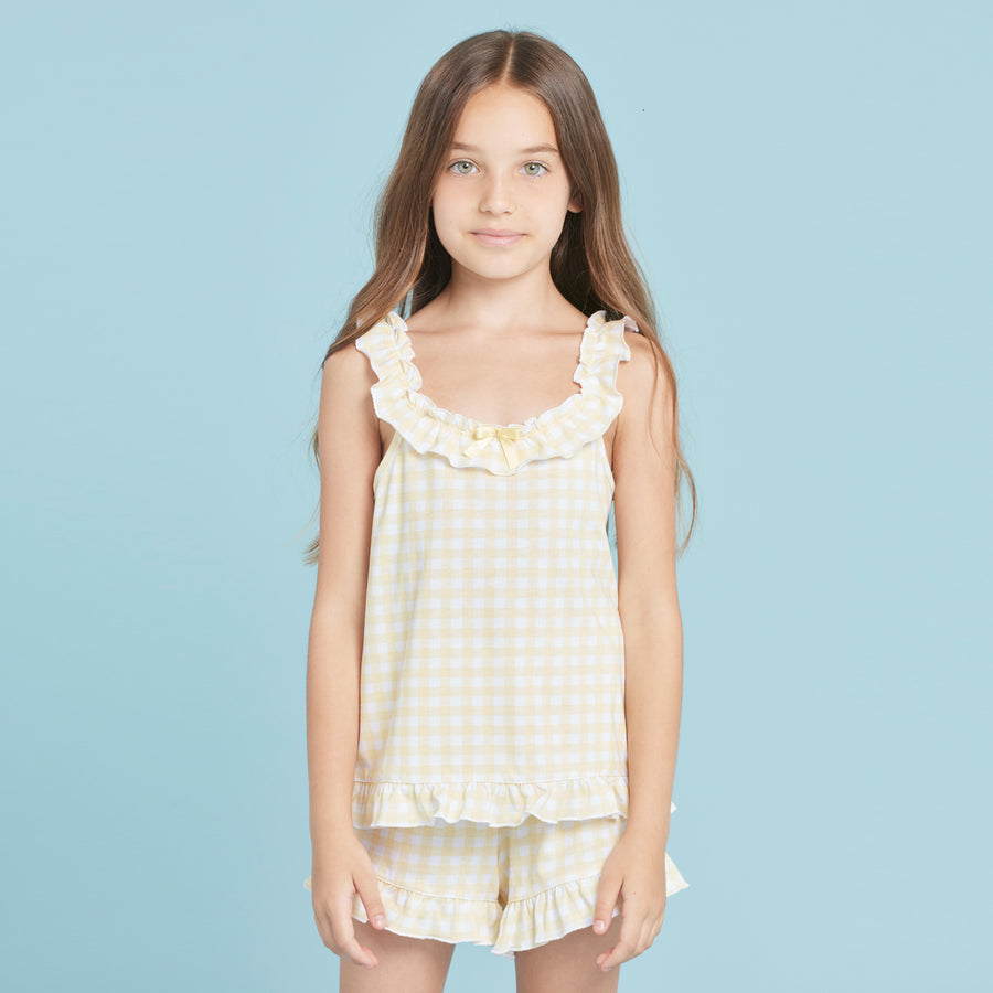 Pigiama bimba Noidìnotte con top e pantalone stampa vichy e rouches - FE2251AS