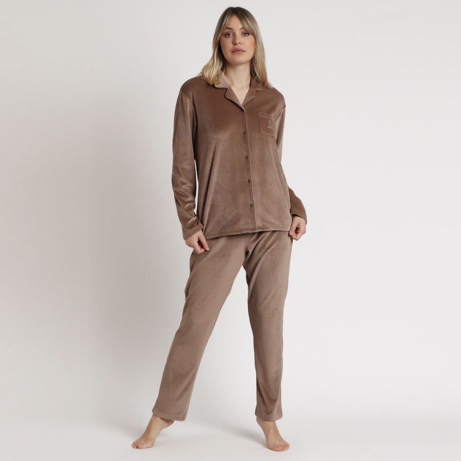 62904-0 - Pigiama aperto a maniche lunghe a righe in ciniglia cannettè