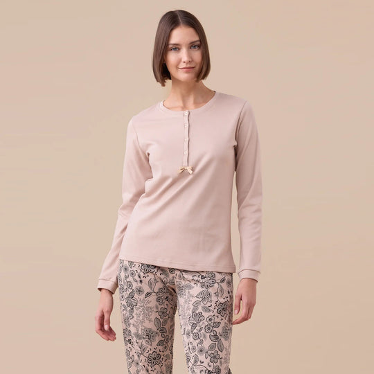 FA9265 - Pigiama donna in caldo cotone con pantalone fantasia e maglia tinta unita