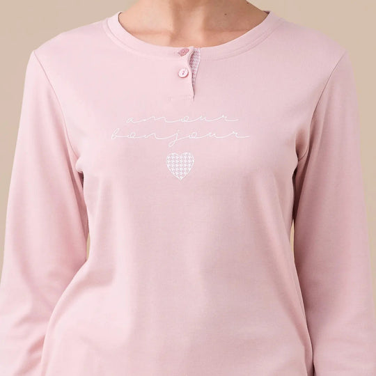 FA9188 - Pigiama donna caldo cotone Bonjour amour con polsini