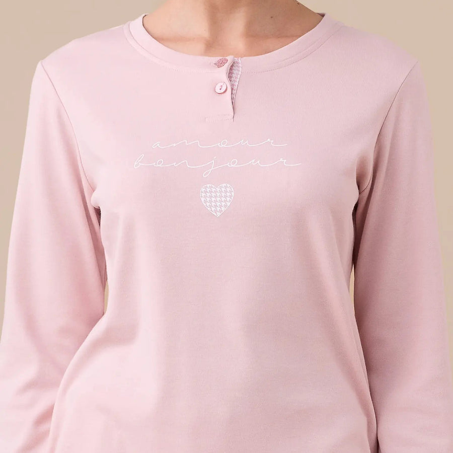 FA9188 - Pigiama donna caldo cotone Bonjour amour con polsini