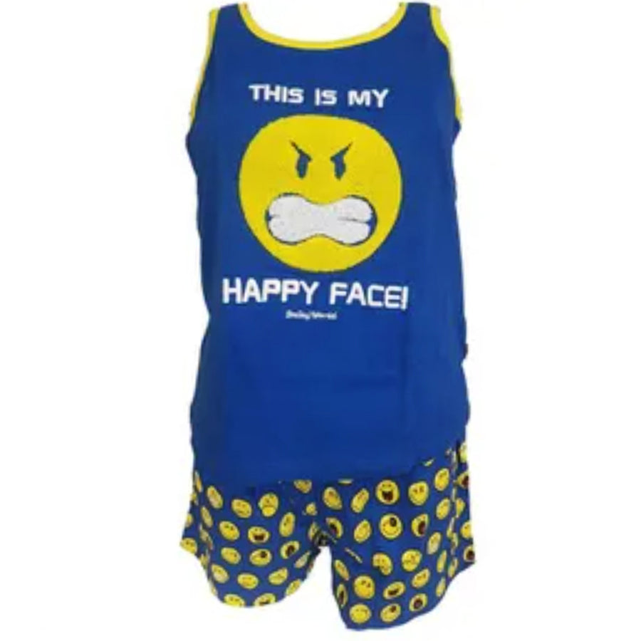 Pigiama spalla larga con smiley happy face e pantaloncino con emoticon - 50334-0