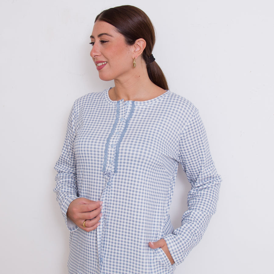 Camicia da notte Noidìnotte caldo cotone vichy aperta avanti - LA2908AB