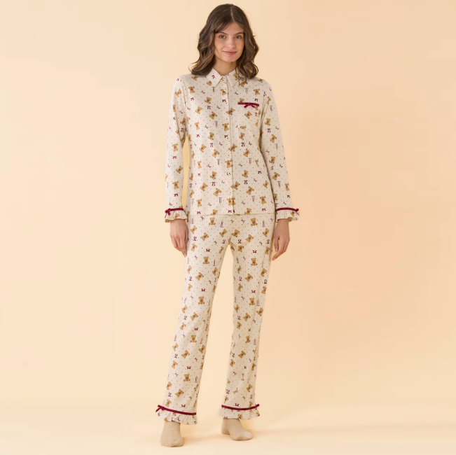 FA9815AB ORSO - Pigiama donna invernale in caldo cotone con pantalone lungo con rouches.
