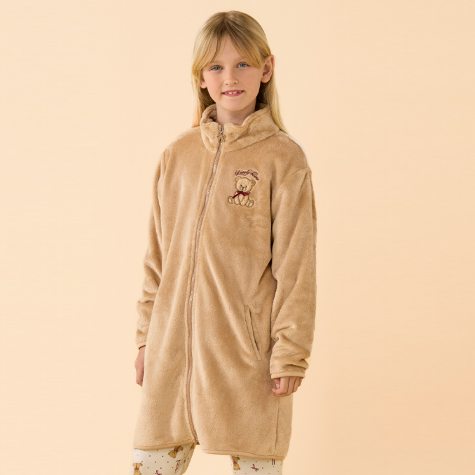 FE2703AB - Vestaglia bambina in coral fleece a collo alto e manica lunga, con comode tasche laterali