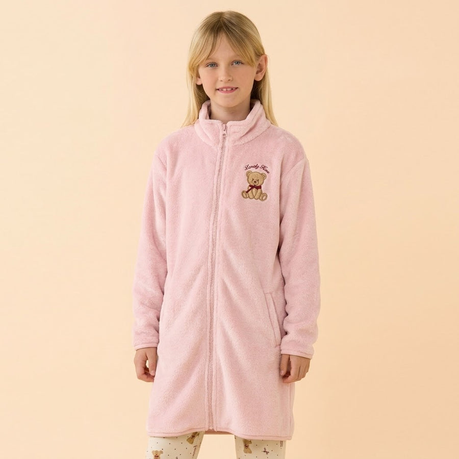 FE2679AB - Vestaglia bambina in coral fleece a collo alto e manica lunga, con comode tasche laterali