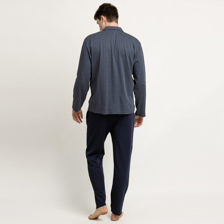 64182-0 - Pigiama a maniche lunghe in maglia interlock di cotone con colletto a revers e pantaloni lunghi.
