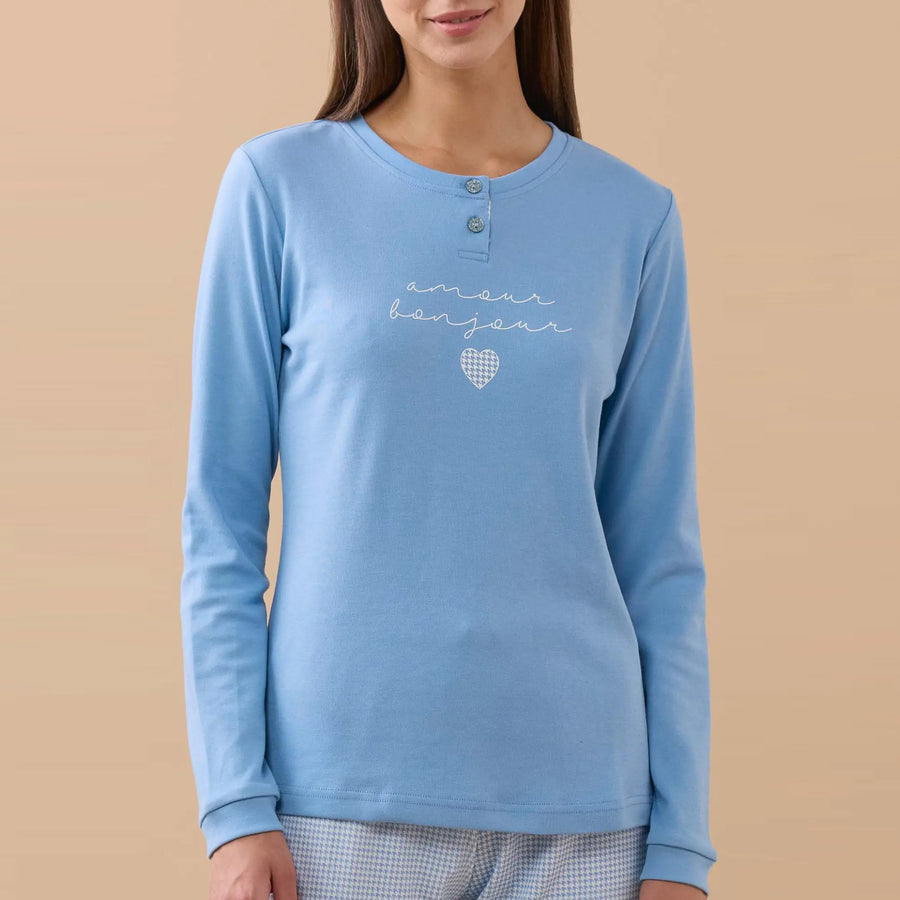 FA9188 - Pigiama donna caldo cotone Bonjour amour con polsini
