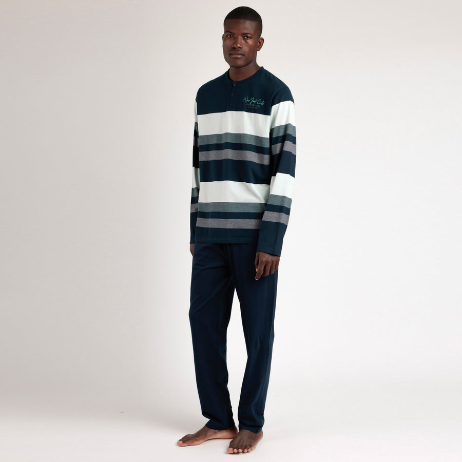 Pigiama Admas manica lunga con maglia rigata e pantalone tinta unita - 63130-0