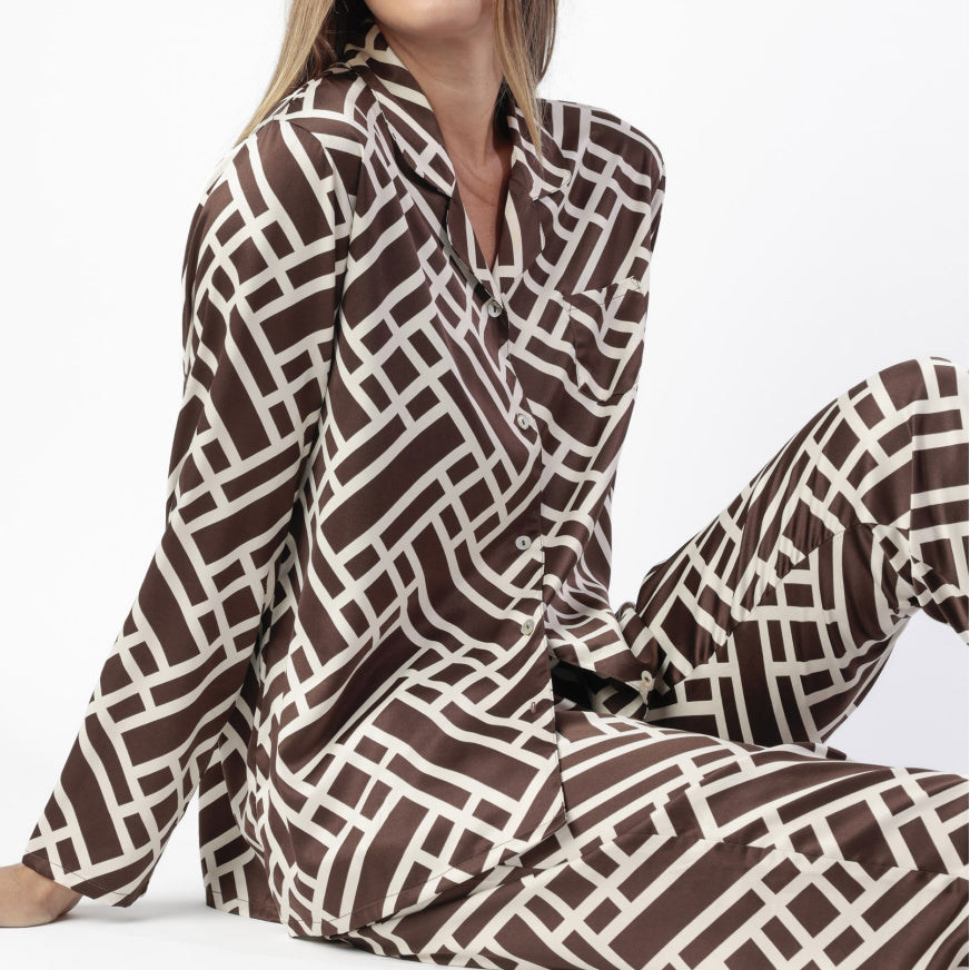 Pigiama donna manica lunga in raso modello camicia aperto - 64097-0