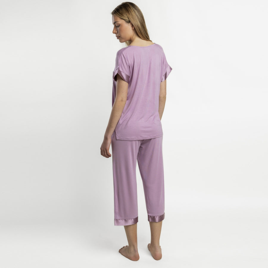 Pigiama Donna mezza manica e pinocchietto in modale con dettagli in raso - 64050-0