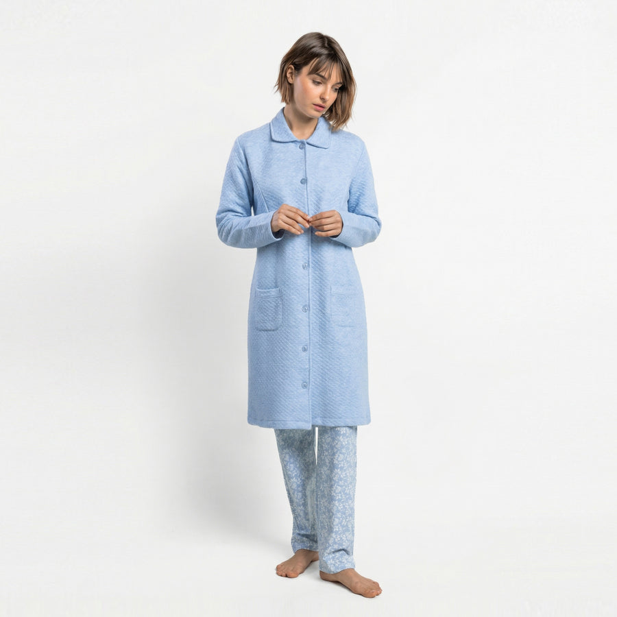 67422-0 - Vestaglia in maglia interlock trapuntata a maniche lunghe di colore blu