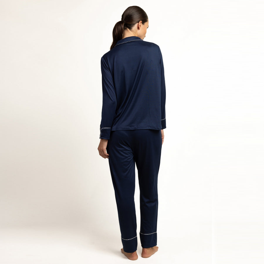 64594-0 - Pigiama aperto in morbida maglia colletto a revers e pantaloni lunghi