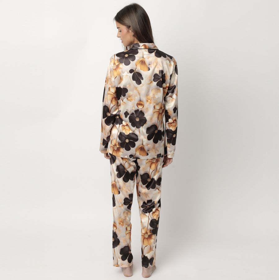 63606-0 - Pigiama in raso aperto avanti stile camicia fantasia floreale