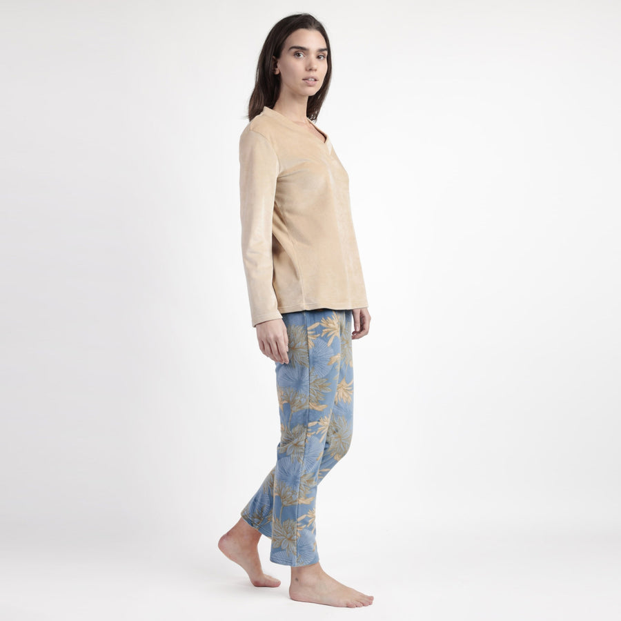 63641-0 - Pigiama in coral scollo a v pantalone floreale