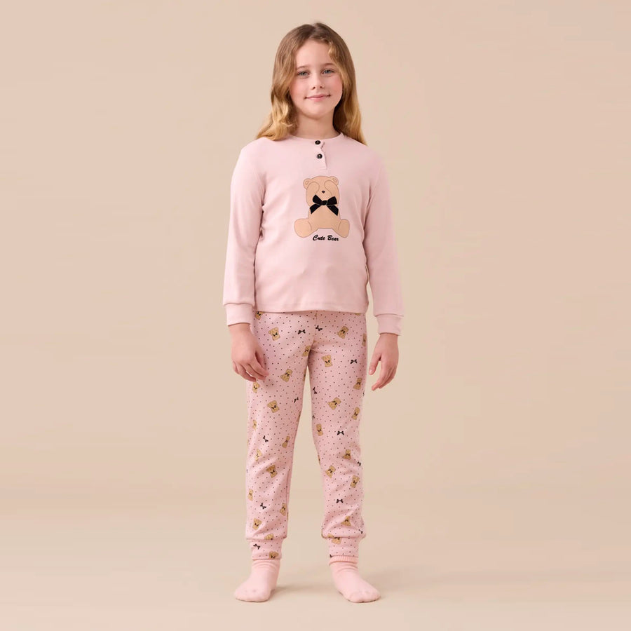 FE2532 - Pigiama bimba in caldo cotone con stampa orsi e fiocchi