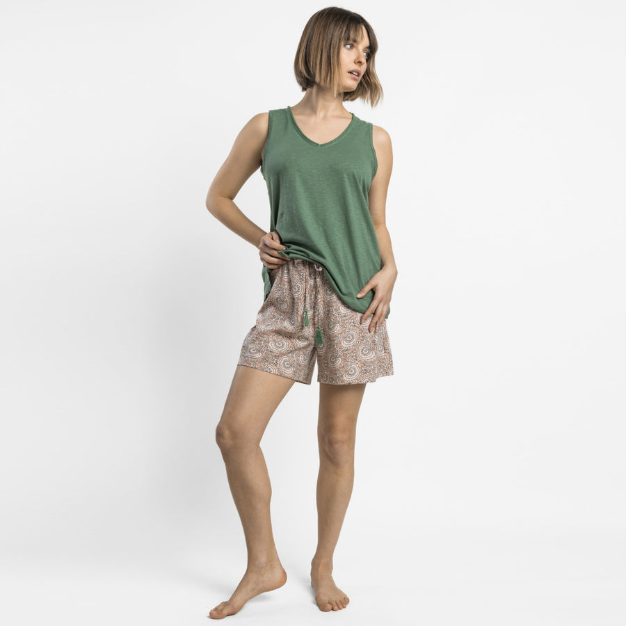 Pigiama pantalone corto e maglia spalla larga scollo a v con dettaglio macramè - 64570-0