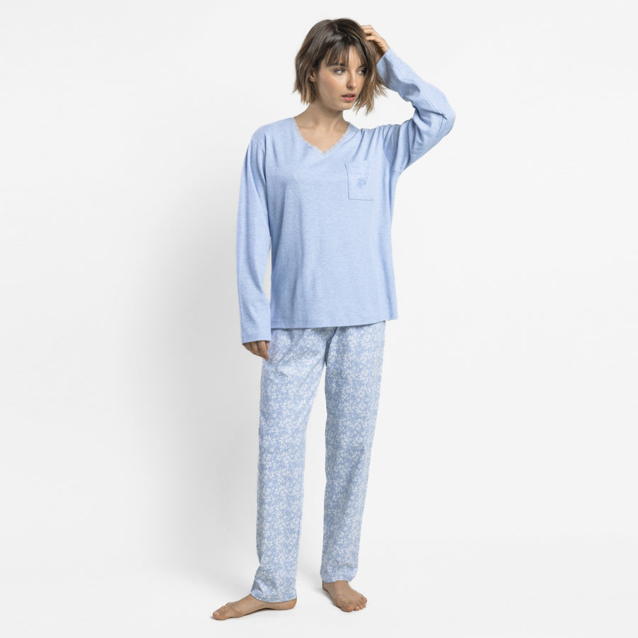 64631-0 - Pigiama in maglia mélange con bordo in pizzo e taschino sul petto