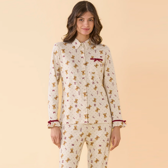 FA9815AB ORSO - Pigiama donna invernale in caldo cotone con pantalone lungo con rouches.