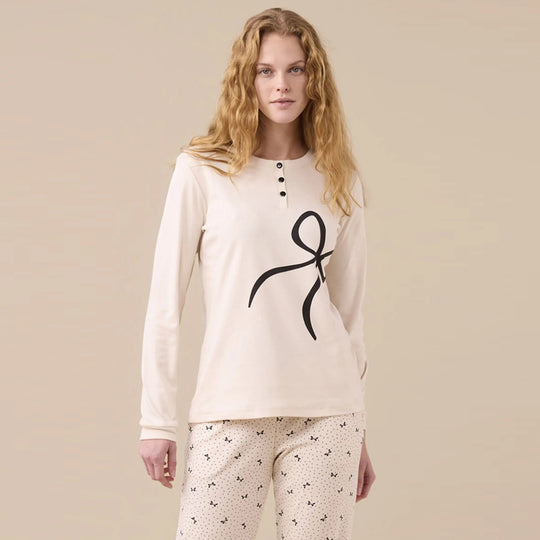 FA9250 - Pigiama donna caldo cotone big fiocco con polsini