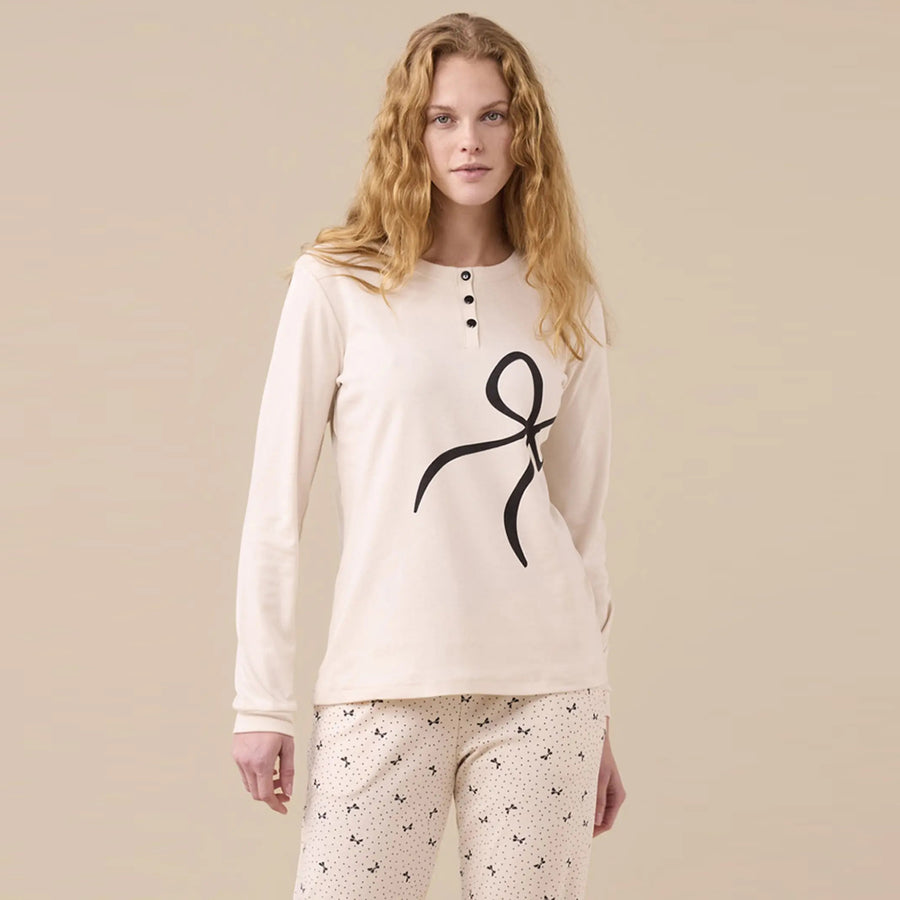 FA9250 - Pigiama donna caldo cotone big fiocco con polsini