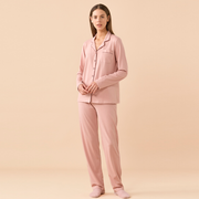 FA9915AB - Pigiama donna jersey invernale, top con abbottonatura sul davanti con profili a contrasto e pantalone lungo