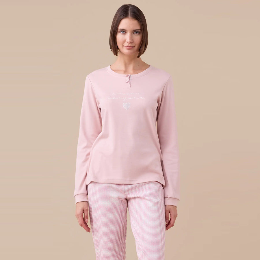 FA9188 - Pigiama donna caldo cotone Bonjour amour con polsini