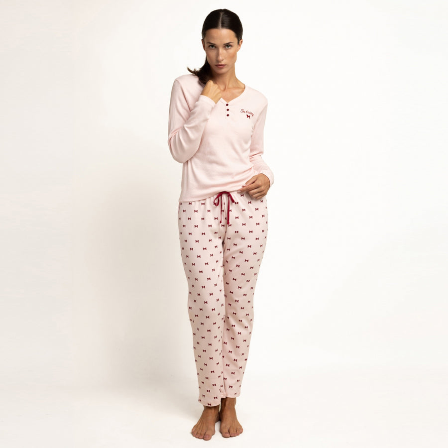 64625-0 - Pigiama caldo cotone pantalone fioccehtti e maglia a costine fiocco
