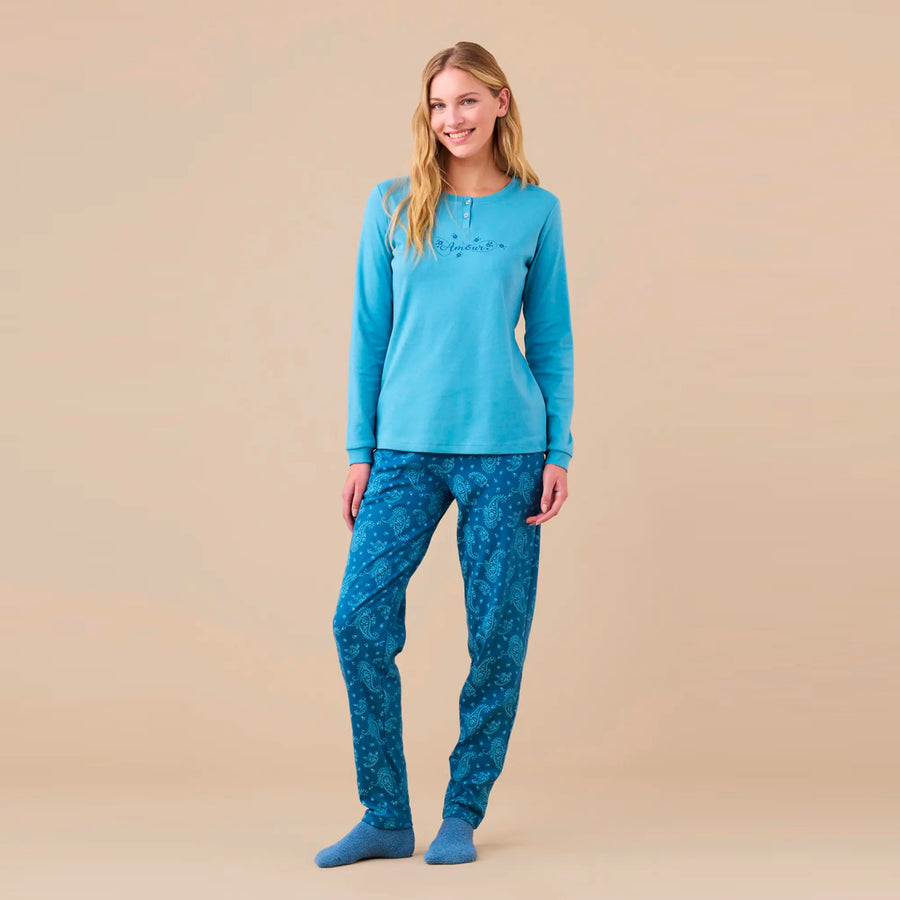 FA9266 - Pigiama donna caldo cotone fantasia cachemire con polsini