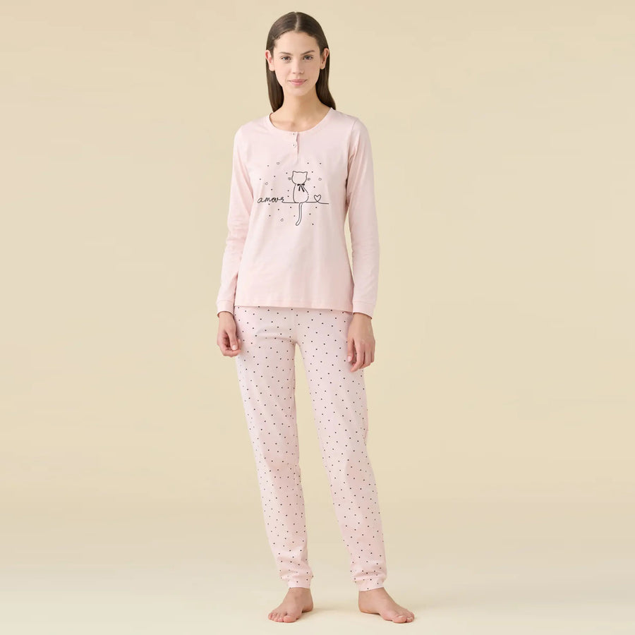 FA9464AB - Pigiama donna manica lunga con collo a due bottoni