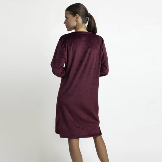 61546-0 - Canotta da donna a maniche lunghe in ciniglia con fiori bianchi e bordeaux