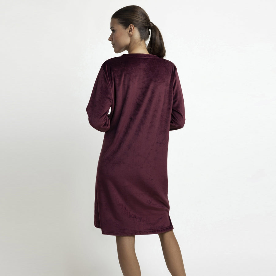 61546-0 - Canotta da donna a maniche lunghe in ciniglia con fiori bianchi e bordeaux