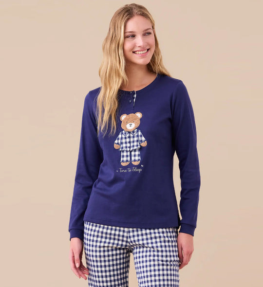 FA9256 - Pigiama donna in caldo cotone orsetto con pantalone vichy