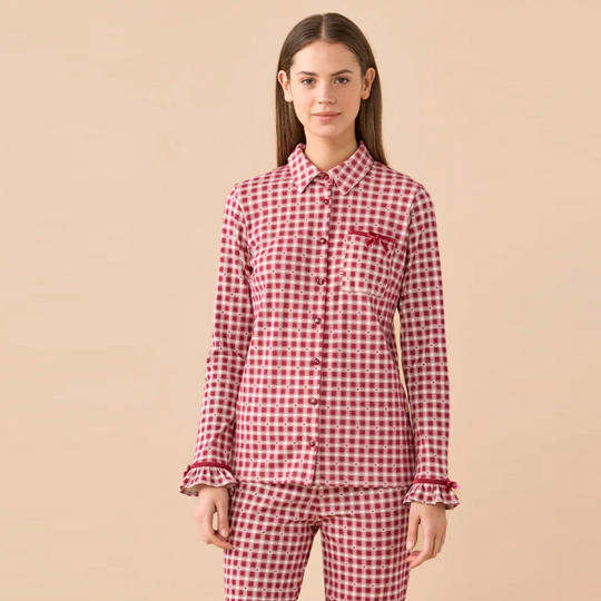 FA9815AB VICHY - Pigiama donna invernale in caldo cotone con pantalone lungo con rouches.