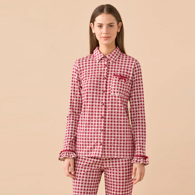 FA9815AB VICHY - Pigiama donna invernale in caldo cotone con pantalone lungo con rouches.