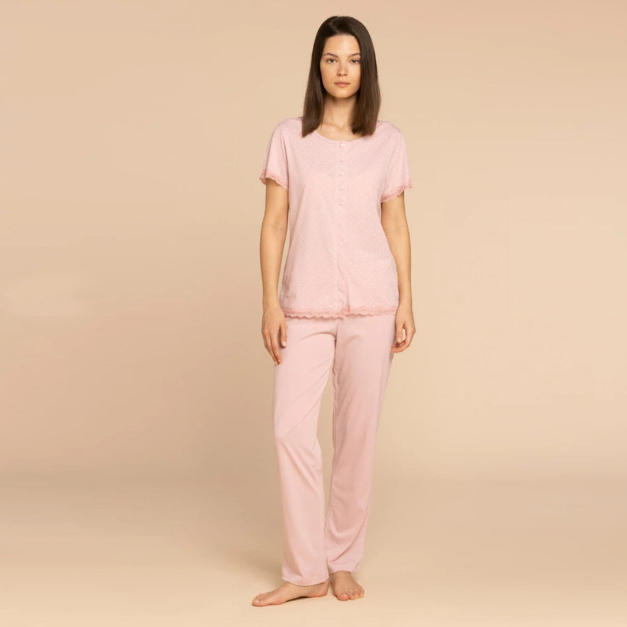 Pigiama donna manica corta aperto avanti pantalone lungo - FA8561AB