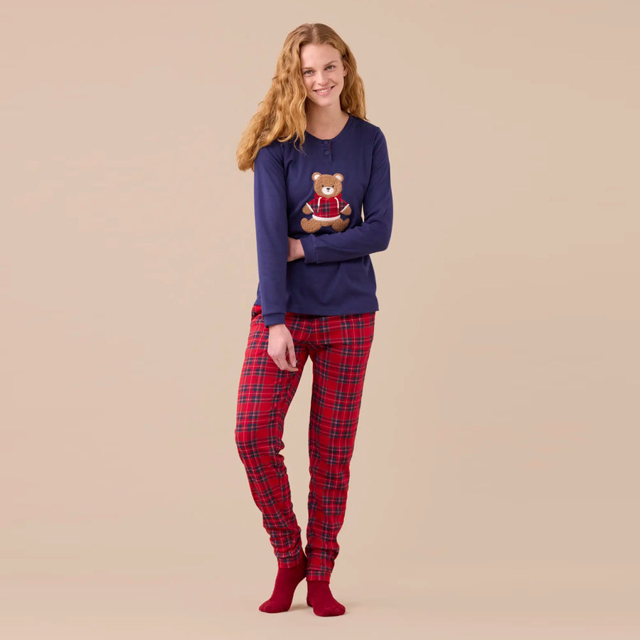 FA9284 - Pigiama donna caldo cotone orsetto tartan