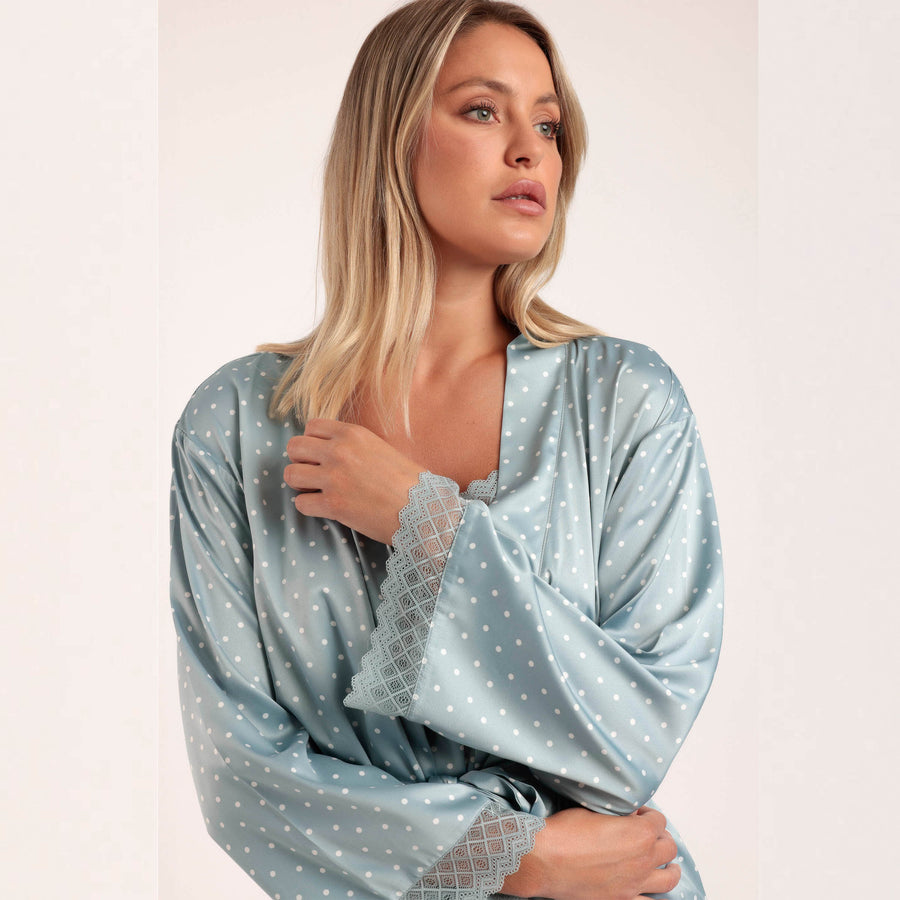 Vestaglia in raso con fantasia micropois e pizzo - 67108-0
