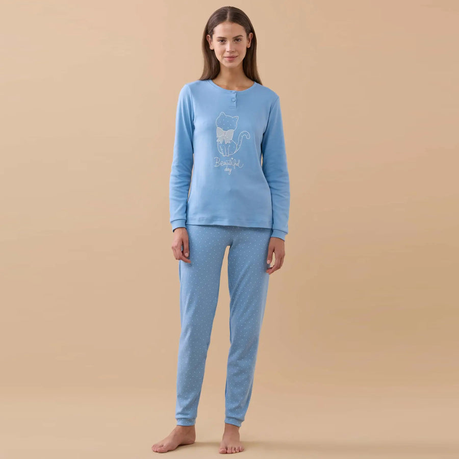 FA9185 - Pigiama donna invernale in caldo cotone con gattino
