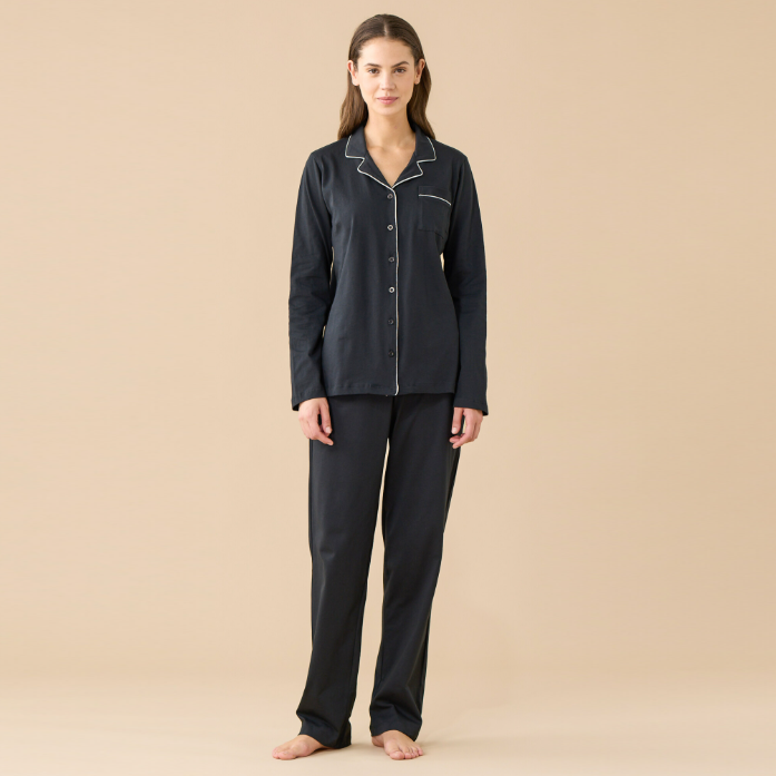 FA9915AB - Pigiama donna jersey invernale, top con abbottonatura sul davanti con profili a contrasto e pantalone lungo
