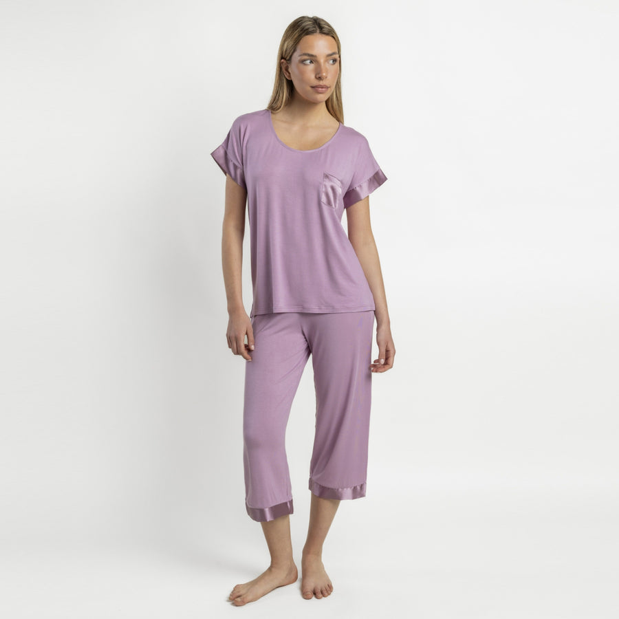 Pigiama Donna mezza manica e pinocchietto in modale con dettagli in raso - 64050-0