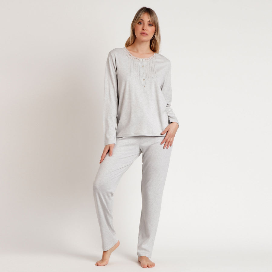 Pigiama donna grigio con abbottonatura serafino e pantaloni lunghi - 62598