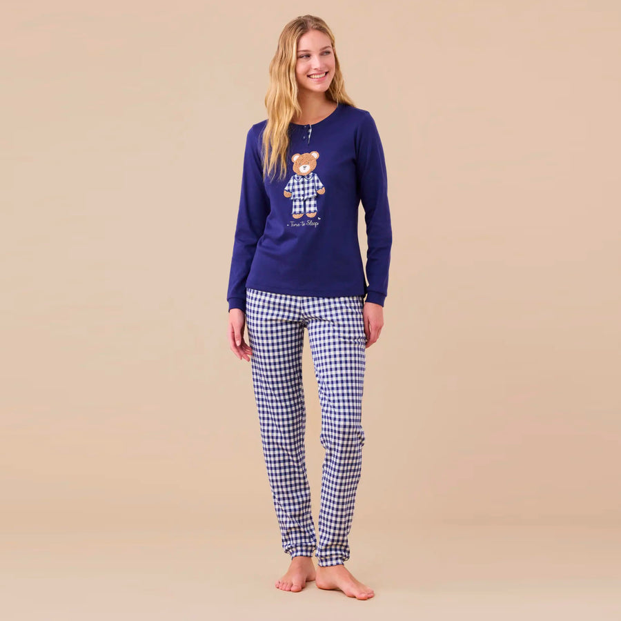 FA9256 - Pigiama donna in caldo cotone orsetto con pantalone vichy