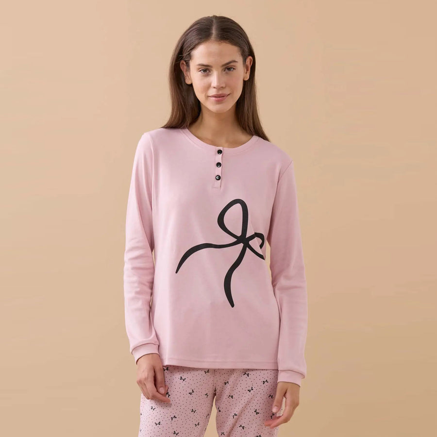 FA9250 - Pigiama donna caldo cotone big fiocco con polsini